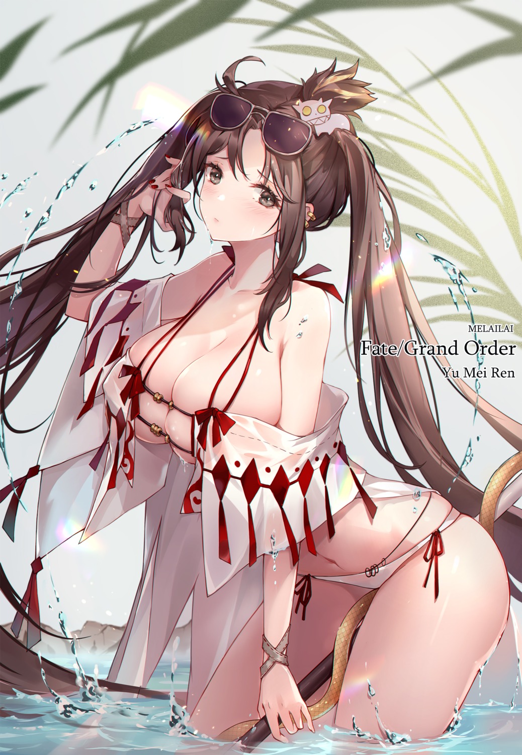 consort_yu_(fate/grand_order) erect_nipples fate/grand_order megane melailai open_shirt see_through weapon wet wet_clothes