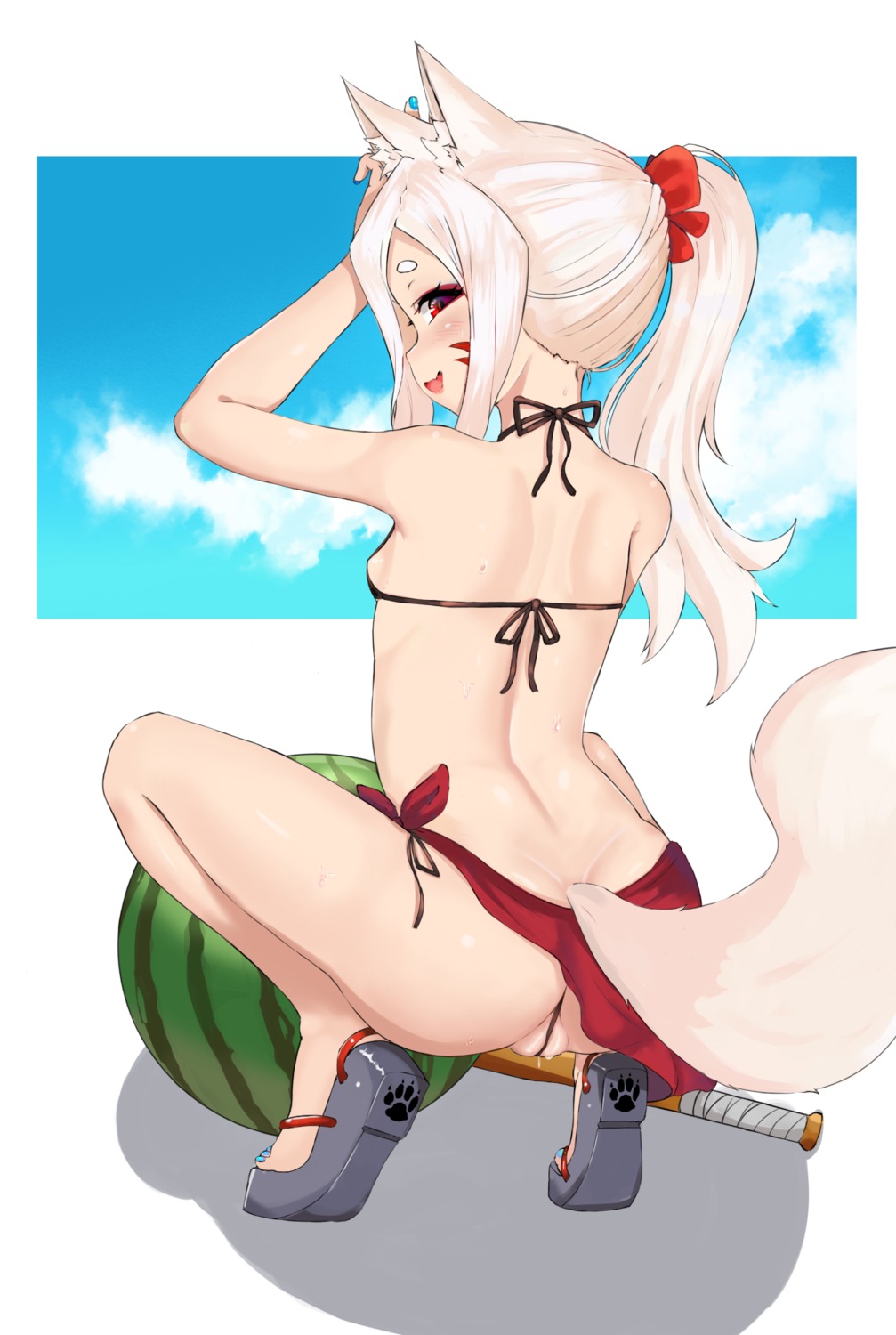 animal_ears ass bikini kitsune loli monushi pussy pussy_juice sewayaki_kitsune_no_senko-san shiro_(sewayaki_kitsune_no_senko-san) swimsuits tail thong weapon