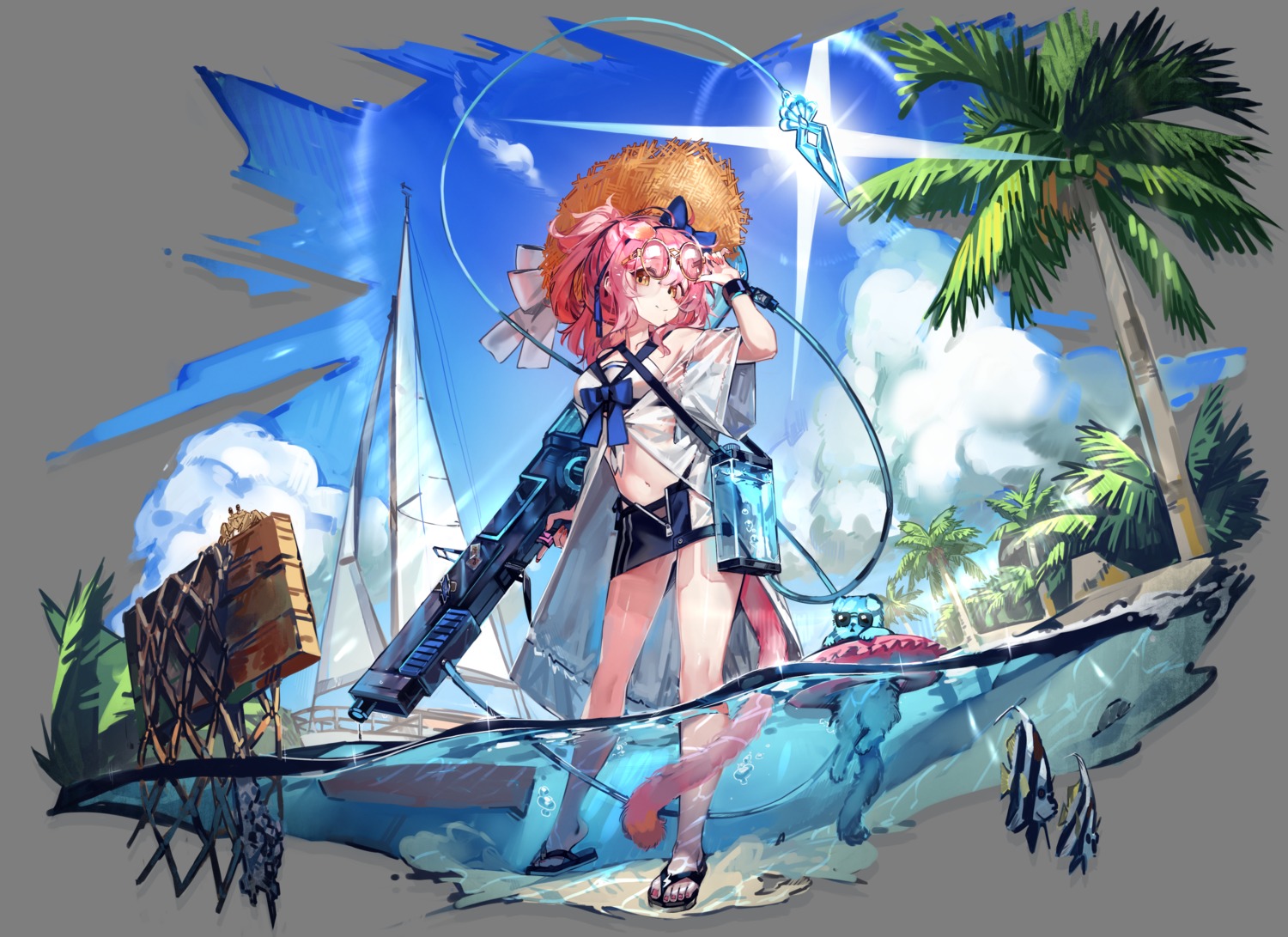 arknights bikini goldenglow_(arknights) gun libiadan megane open_shirt see_through swimsuits tail transparent_png wet