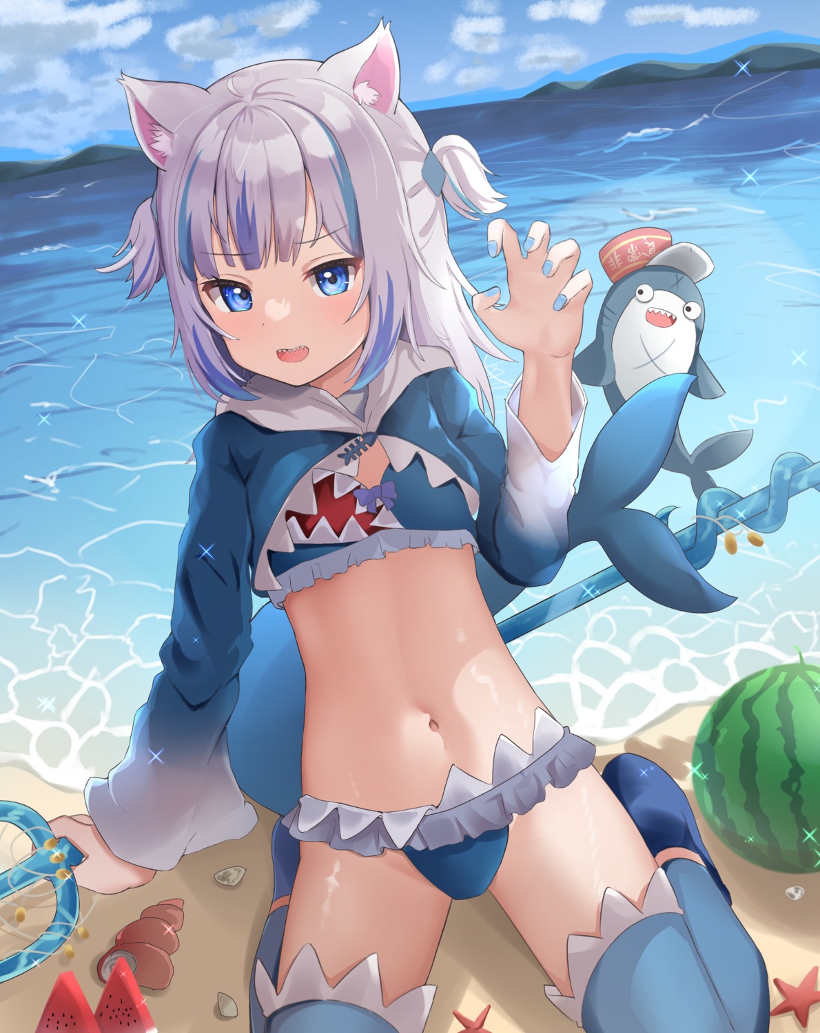 animal_ears bikini gawr_gura hololive hololive_english loli nekomimi nekopurin_(nyanko_prin) swimsuits tail thighhighs weapon