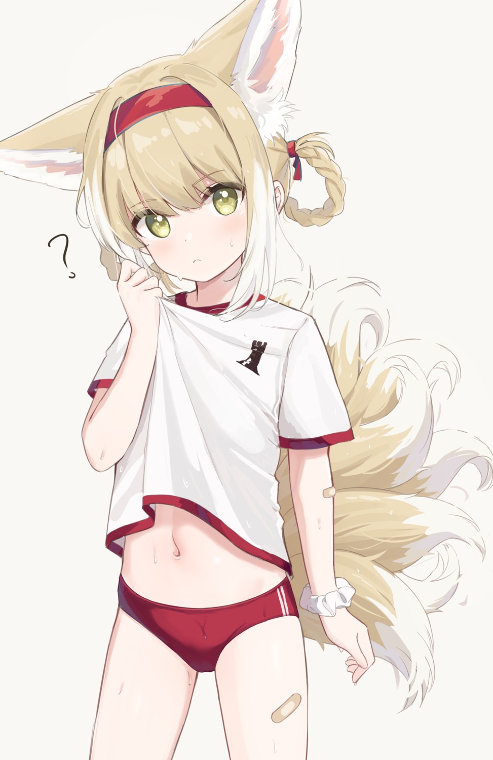 animal_ears arknights bandaid buruma gym_uniform hawawa kitsune loli shirt_lift suzuran_(arknights) tail wet