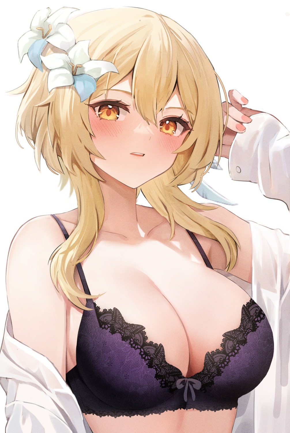 bra cleavage genshin_impact karacak lumine open_shirt