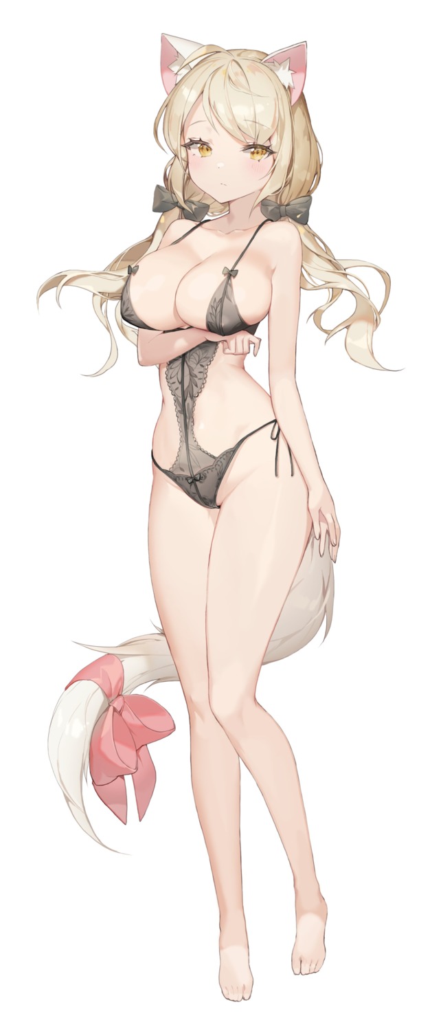 animal_ears bra breast_hold choyeon erect_nipples lingerie nekomimi pantsu see_through string_panties tail