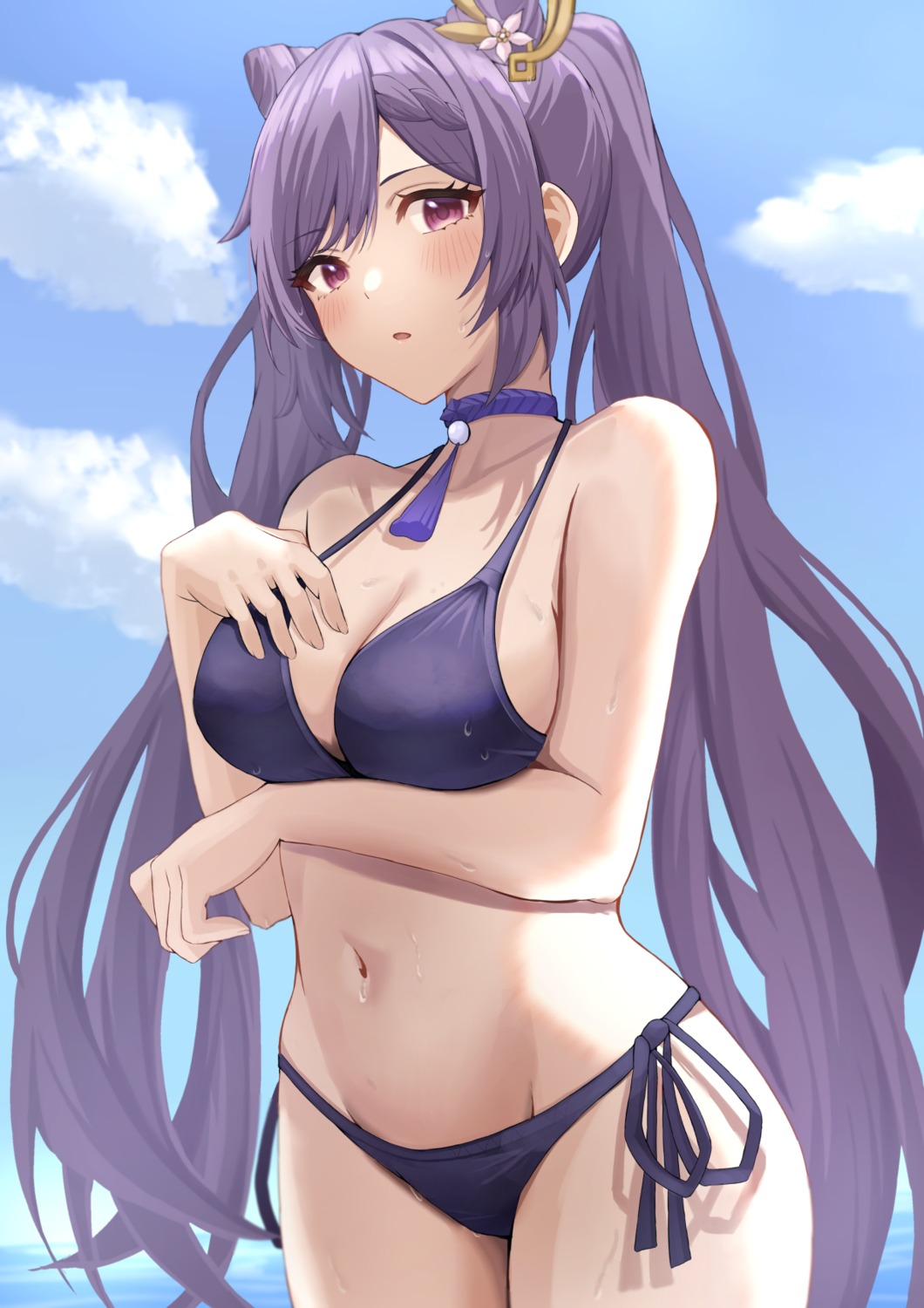 bikini breast_hold genshin_impact keqing swimsuits tepechi wet