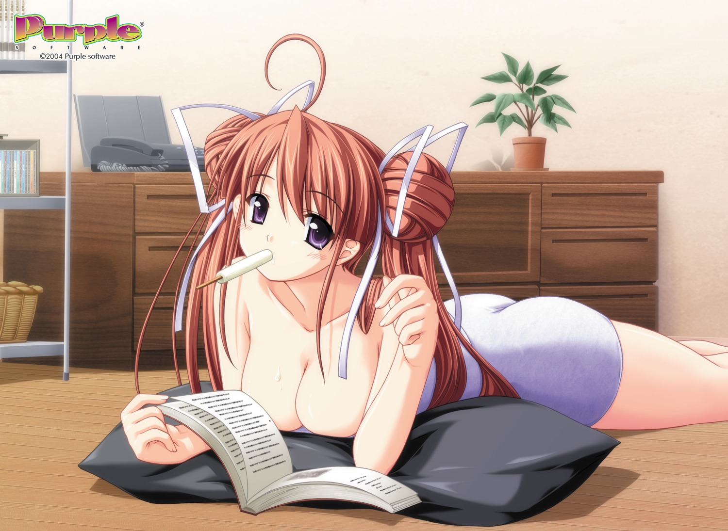 ashitaba_yuuri cleavage iwasaki_kouji majipuri purple_software towel wallpaper