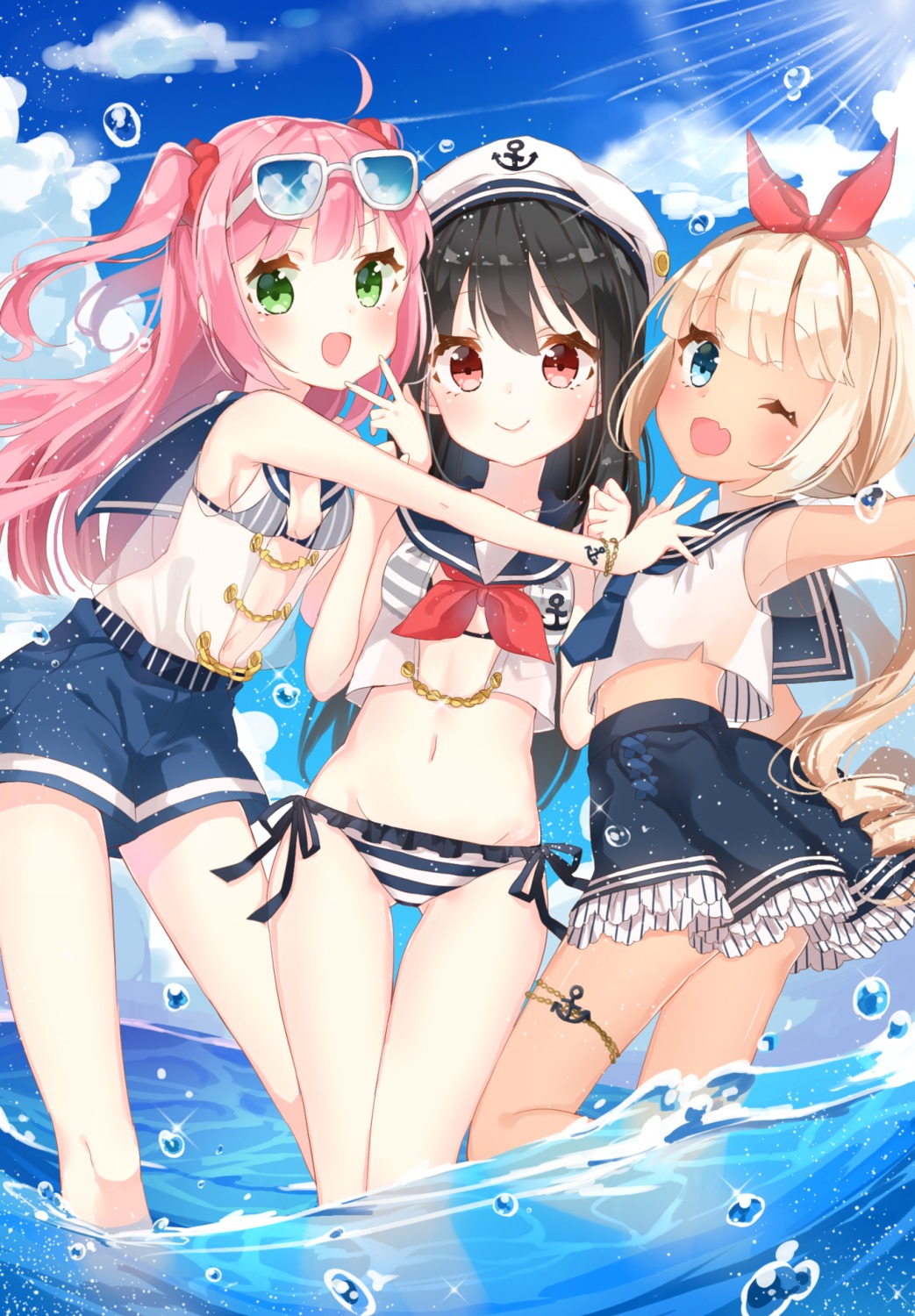 bikini cleavage garter jimmy_madomagi megane open_shirt see_through swimsuits wet