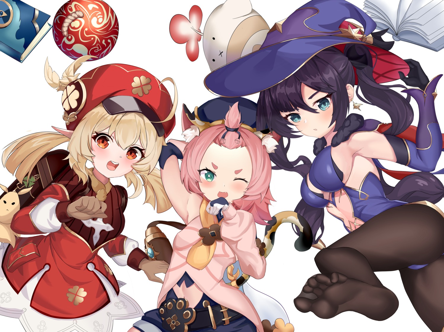 animal_ears asian_clothes diona feet genshin_impact klee leotard mona_megistus mz_ye_ye_ai_chi_pao_mian nekomimi no_bra pantyhose tail witch