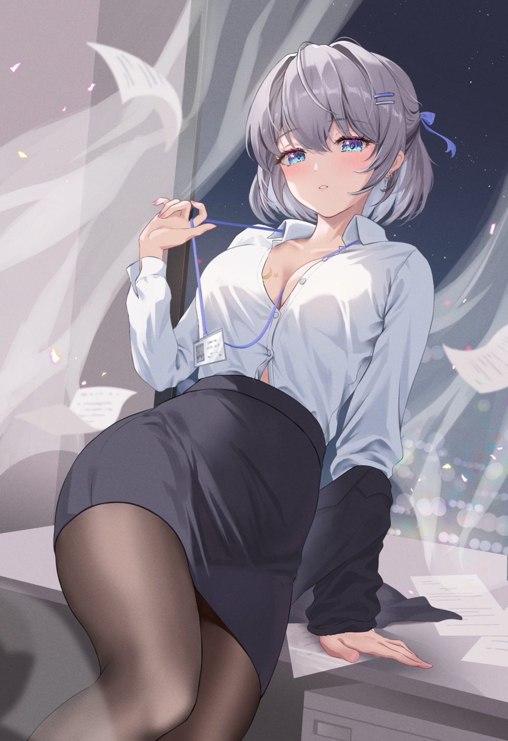 dress_shirt genjitsu_pirika no_bra open_shirt pantyhose tattoo