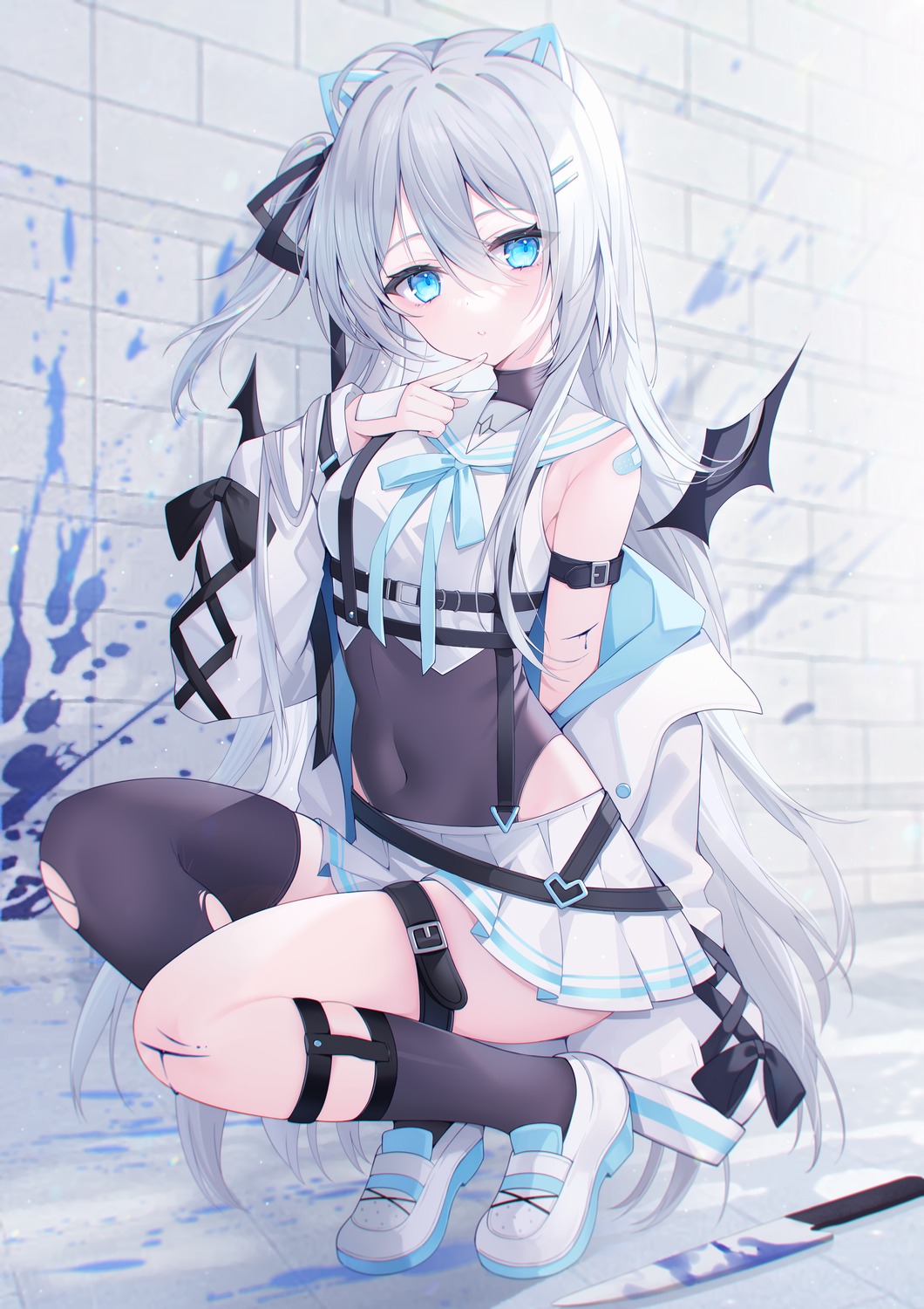 bandaid blood garter ice_(ice) thighhighs torn_clothes