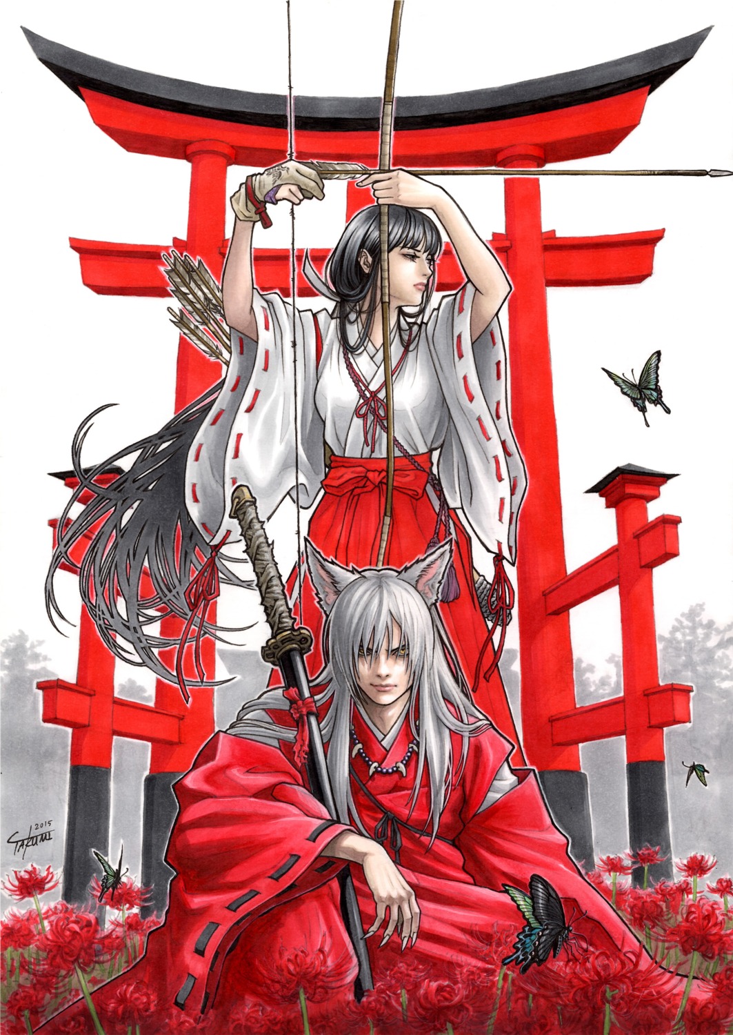 animal_ears autographed inumimi inuyasha inuyasha_(character) japanese_clothes kikyou_(inuyasha) miko sword takumi_(marlboro) weapon