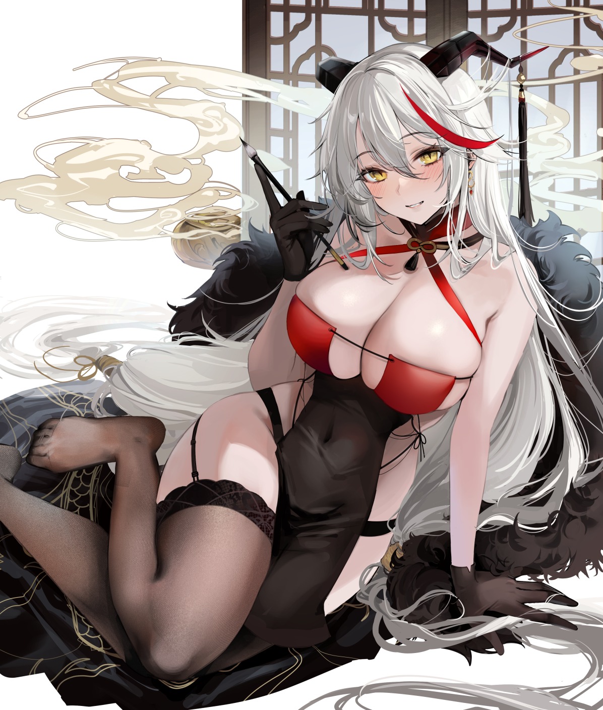 aegir_(azur_lane) azur_lane garter horns kandzume_(kandume200) no_bra stockings thighhighs