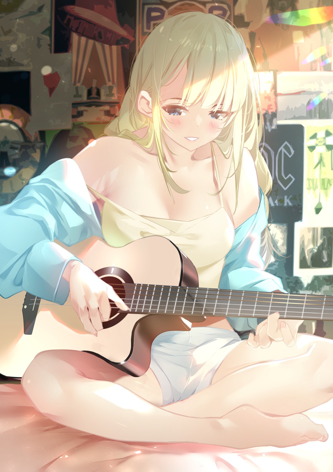 guitar lingerie no_bra open_shirt paripi_koumei sydus tsukimi_eiko