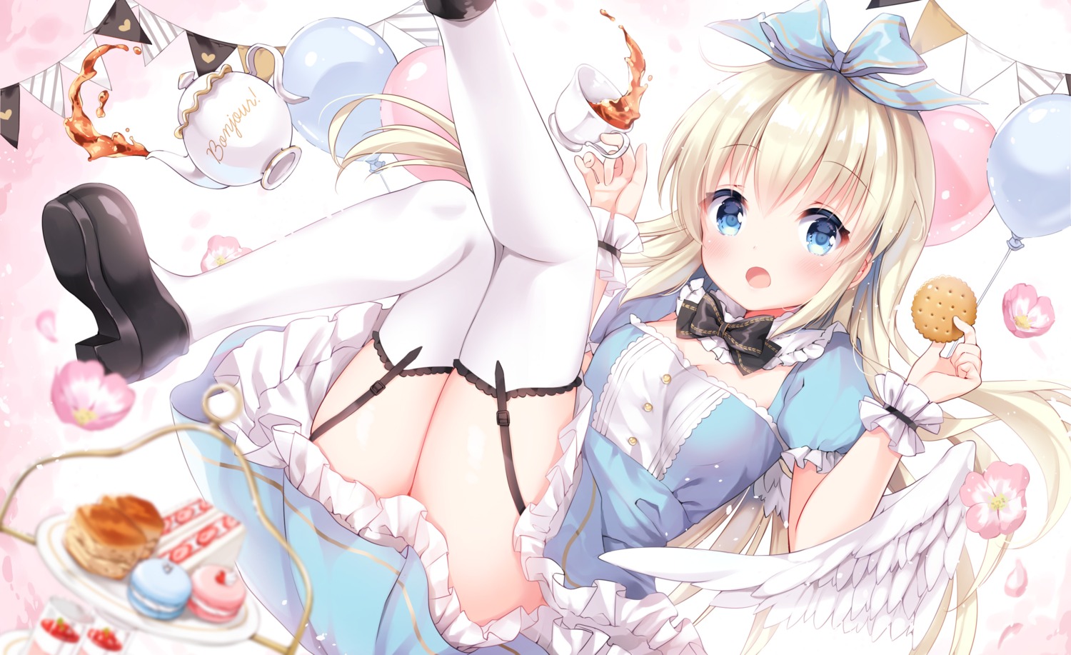 alice alice_in_wonderland cleavage cosplay dress heels indie_virtual_youtuber koiko_irori macoto_(vtuber) skirt_lift stockings thighhighs wings