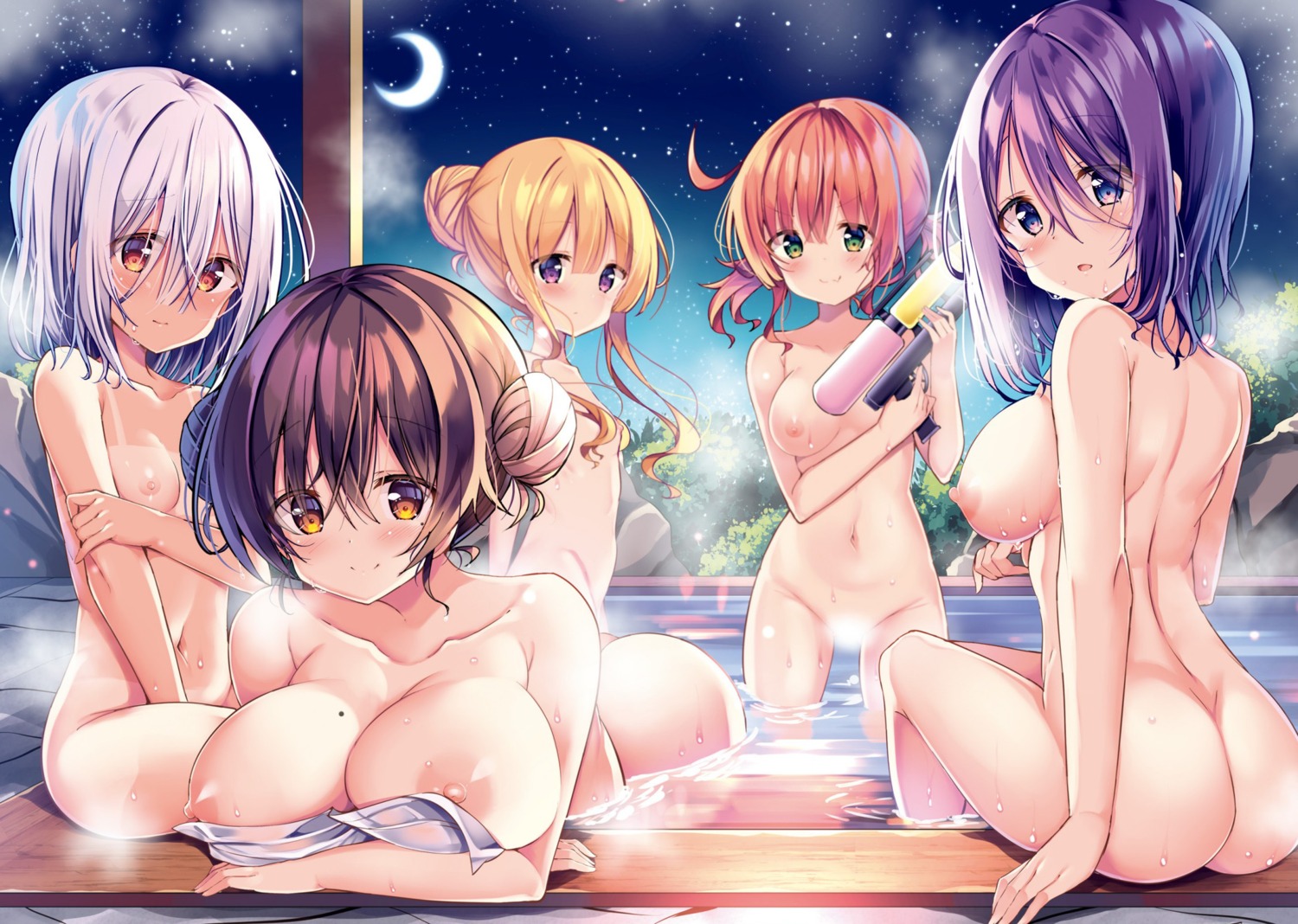 ass breast_hold censored gun kurou_(quadruple_zero) naked nipples onsen tan_lines towel watashi_no_tame_ni_nuginasai! wet
