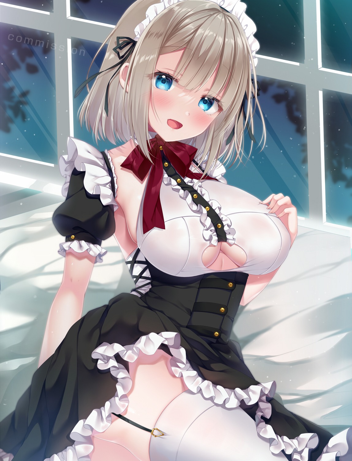 komiya_hitoma maid no_bra see_through skirt_lift stockings thighhighs