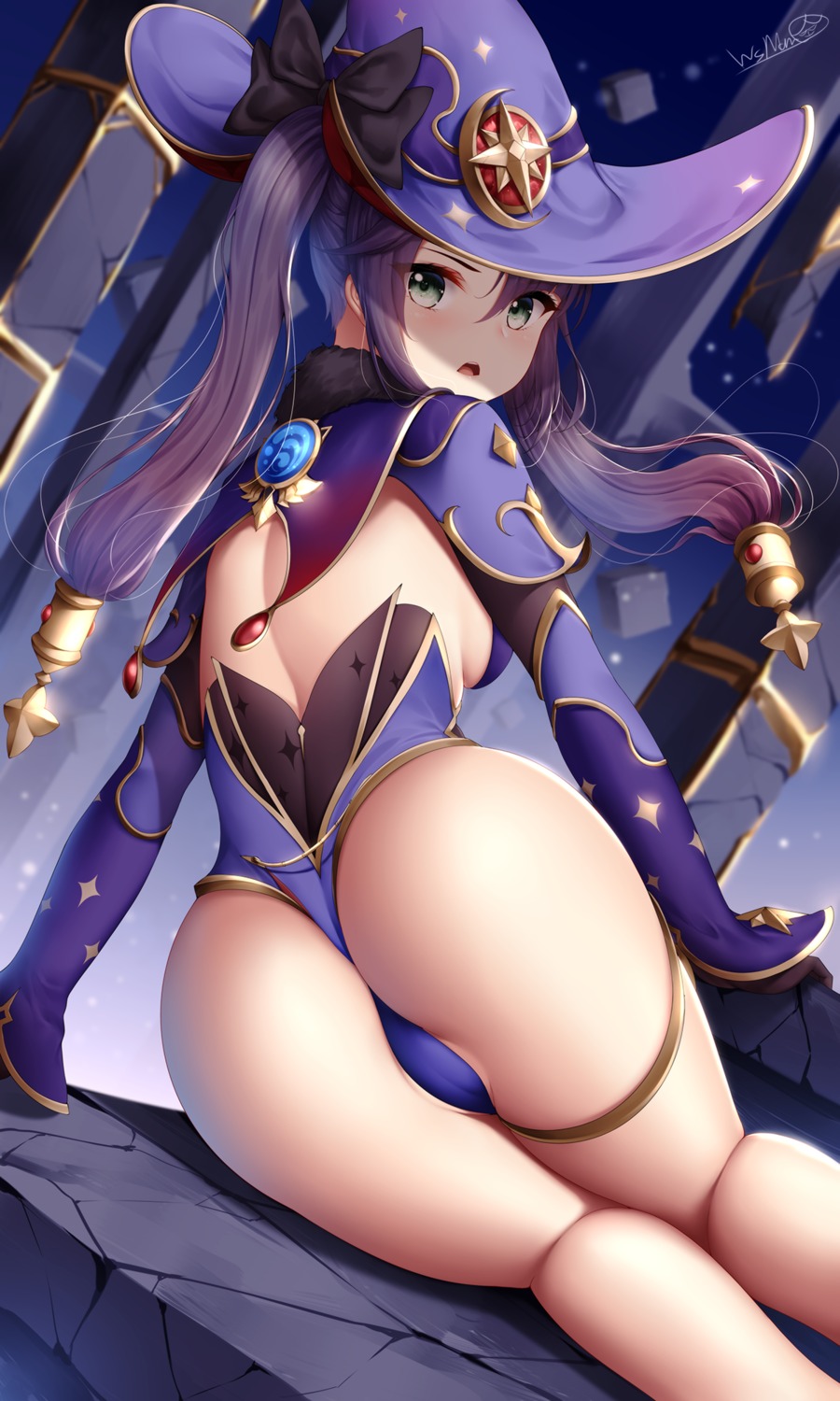 ass cameltoe garter genshin_impact leotard mona_megistus no_bra witch wsman