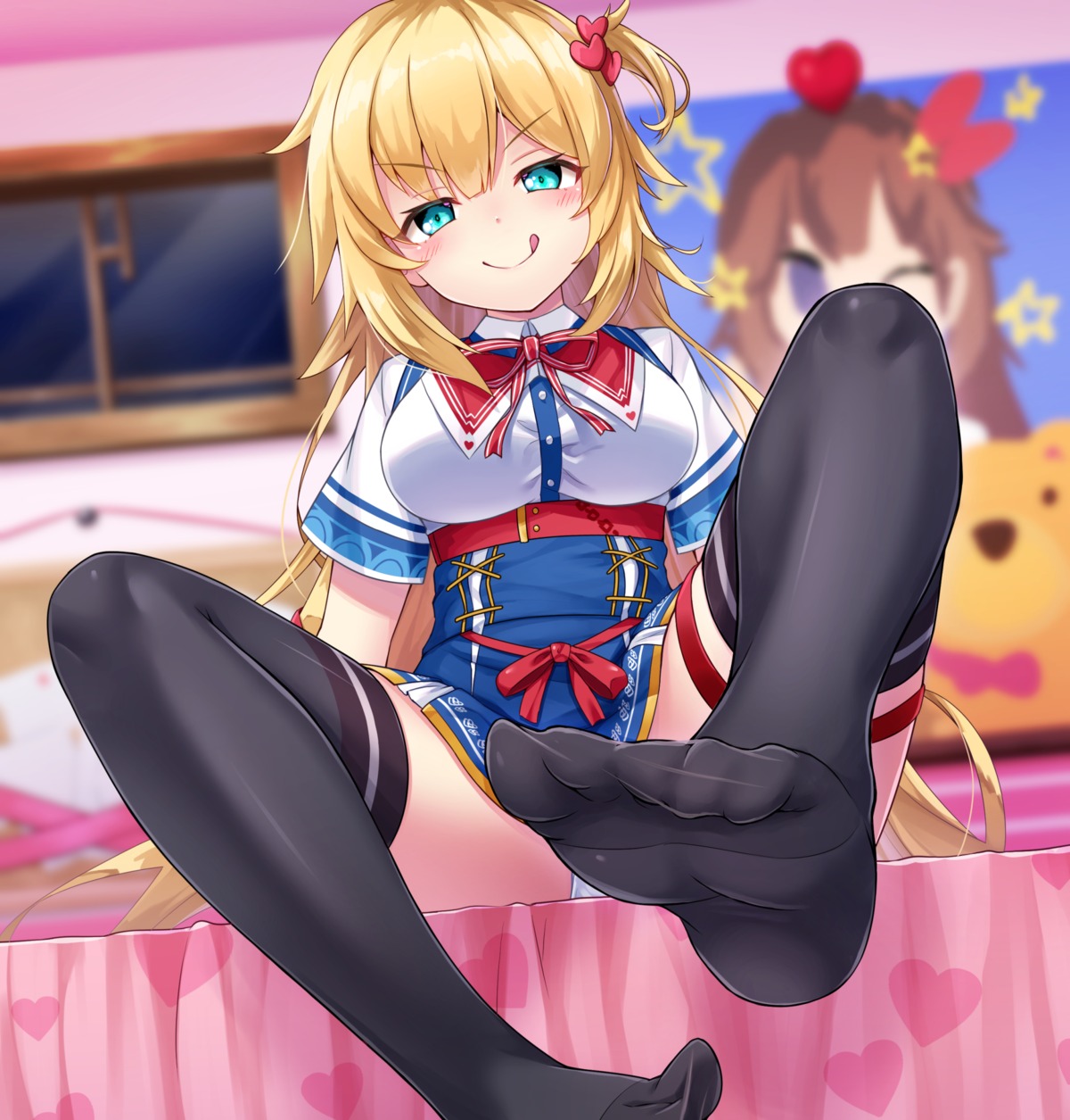 akai_haato crossover feet garter hololive kasaran seifuku skirt_lift thighhighs tokino_sora