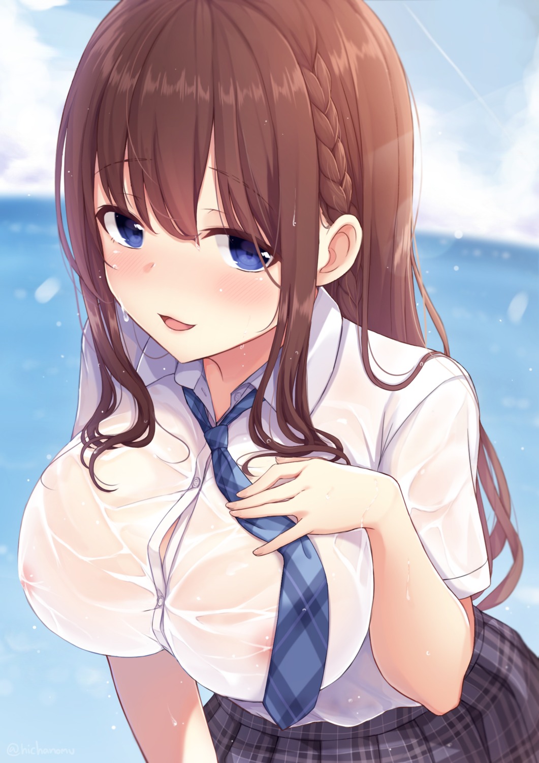 nekokobushi nipples no_bra see_through seifuku wet wet_clothes