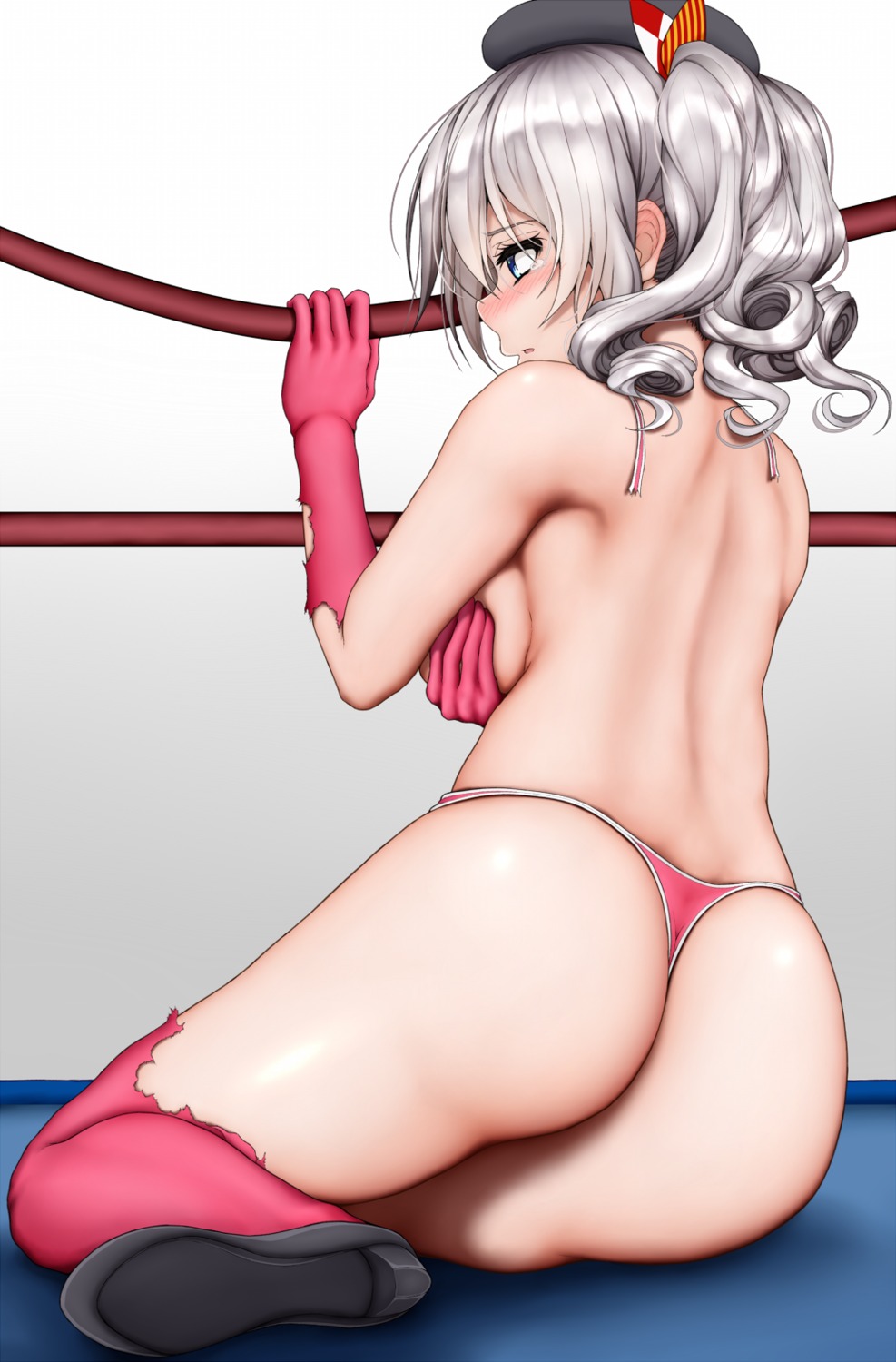 ass breast_hold hamaguri_(pixiv5305101) heels kantai_collection kashima_(kancolle) pantsu thighhighs thong topless