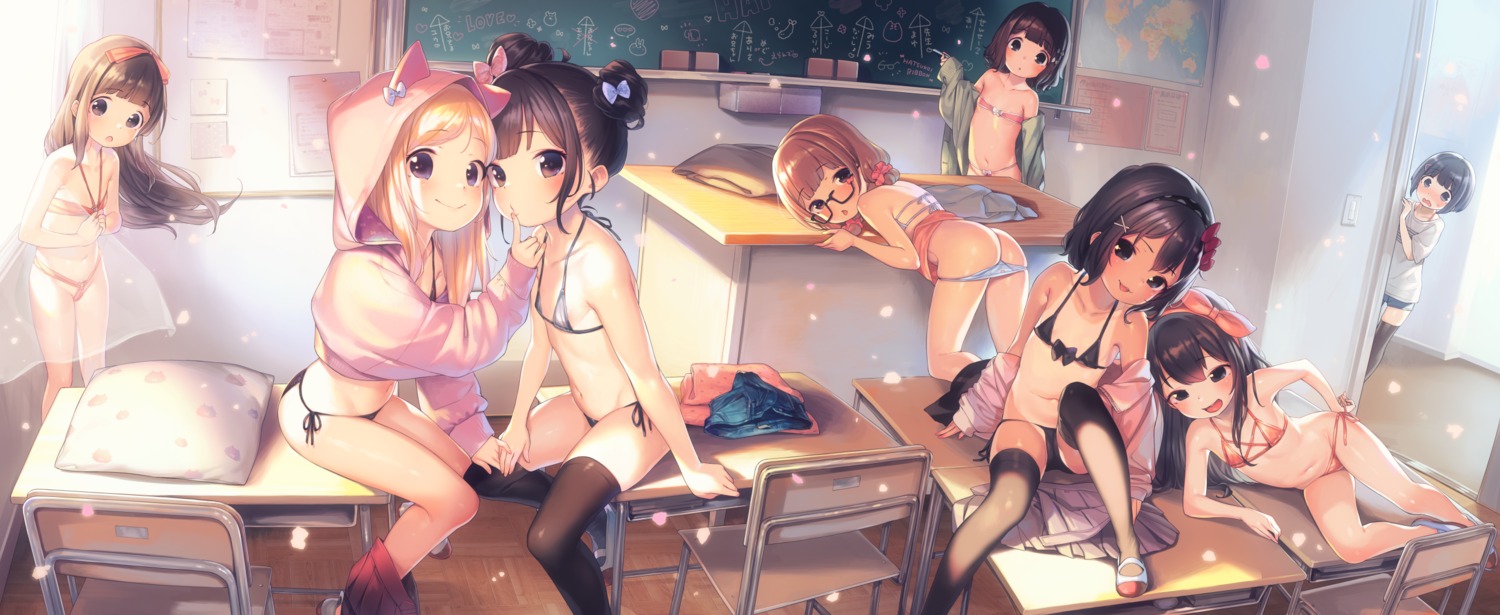 ass bikini henreader loli megane open_shirt panty_pull sakama_megu swimsuits tan_lines thighhighs undressing