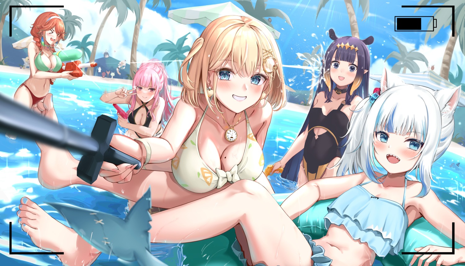 animal_ears bikini cleavage feet gawr_gura gun hololive hololive_english jpeg_artifacts kuutamo mori_calliope nekomimi ninomae_ina'nis pointy_ears selfie swimsuits tail takanashi_kiara watson_amelia wet