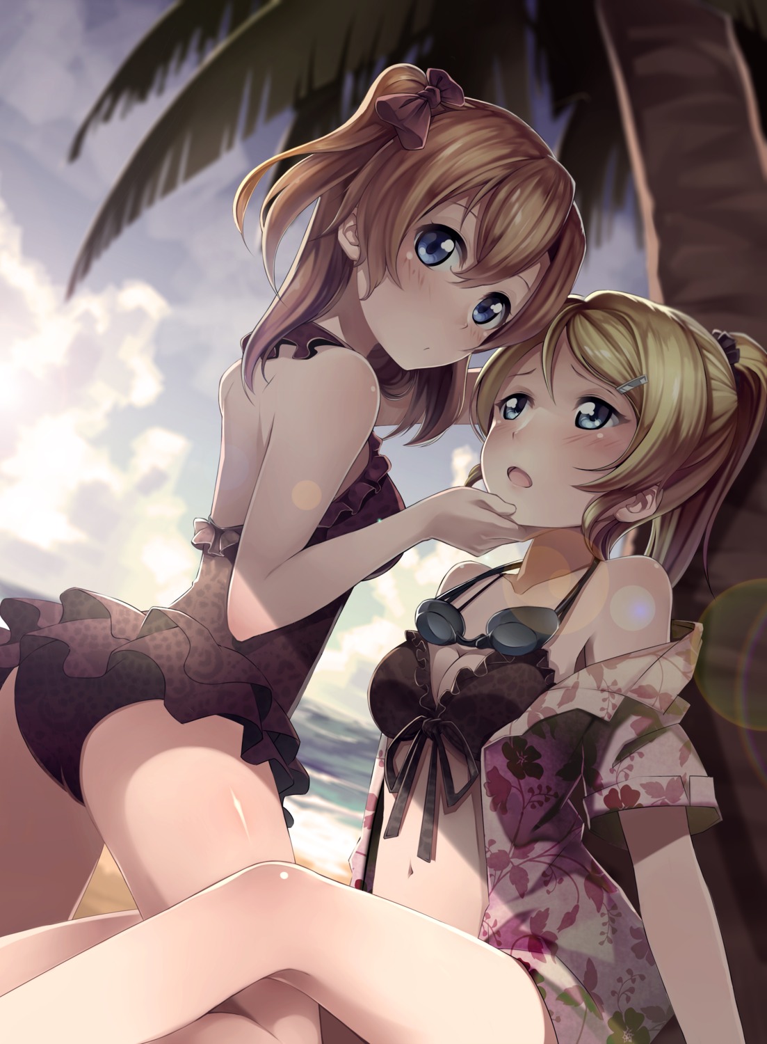 (╯°Д°)╯︵┻━┻ ass ayase_eli bikini cleavage kousaka_honoka love_live! swimsuits yuri