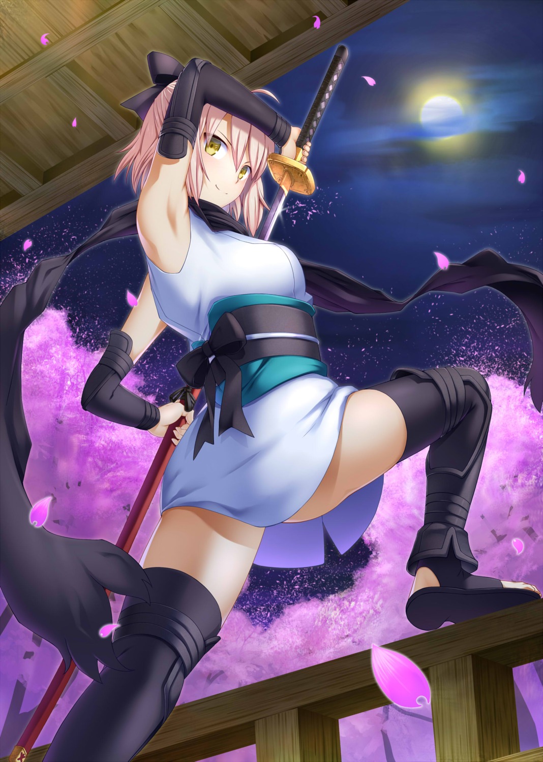emanon_123 fate/grand_order japanese_clothes okita_souji_(fate) sword thighhighs