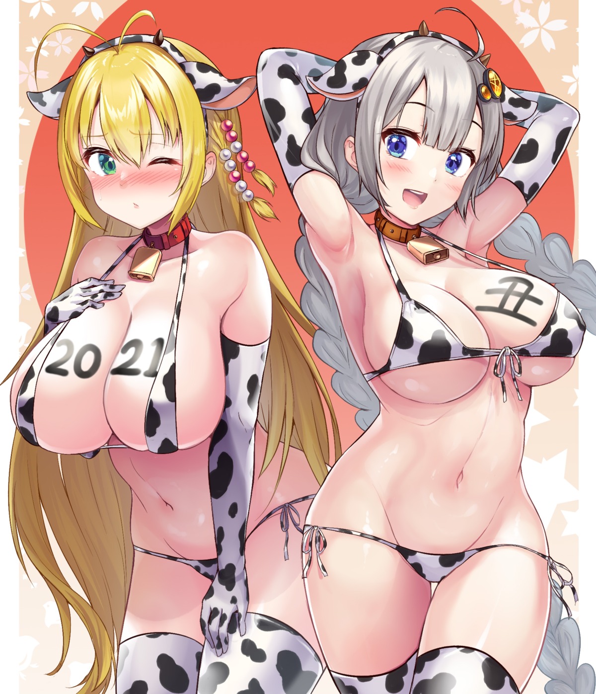 animal_ears bikini horns kizuna_akari swimsuits tenneko_yuuri thighhighs tsurumaki_maki voiceroid