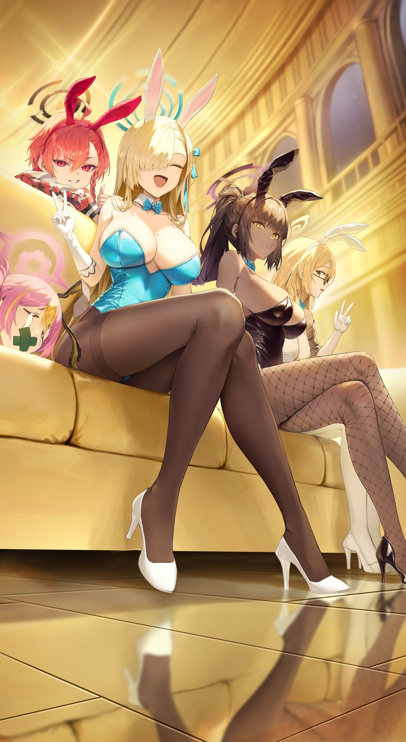 animal_ears blue_archive bunny_ears bunny_girl fishnets halo heels ichinose_asuna kakudate_karin kurosaki_koyuki loli megane mikamo_neru murokasa_akane no_bra pantyhose soy_chicken