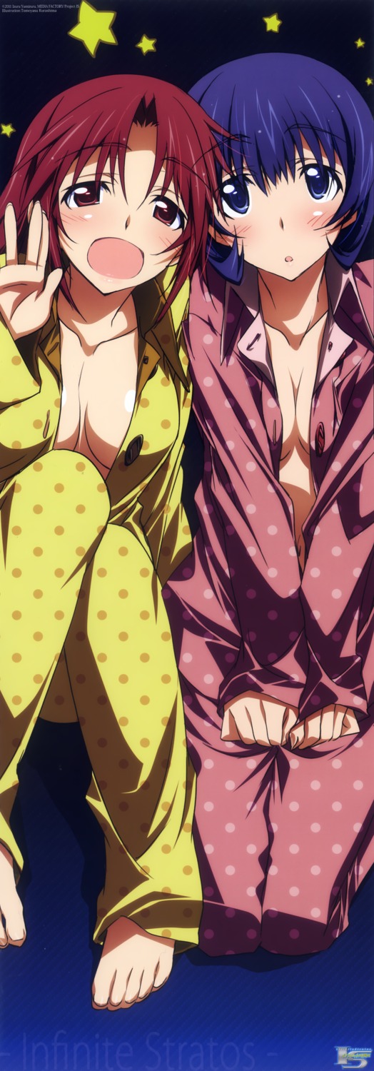 aikawa_kiyoka cleavage infinite_stratos kurashima_tomoyasu no_bra nohotoke_honne open_shirt pajama stick_poster