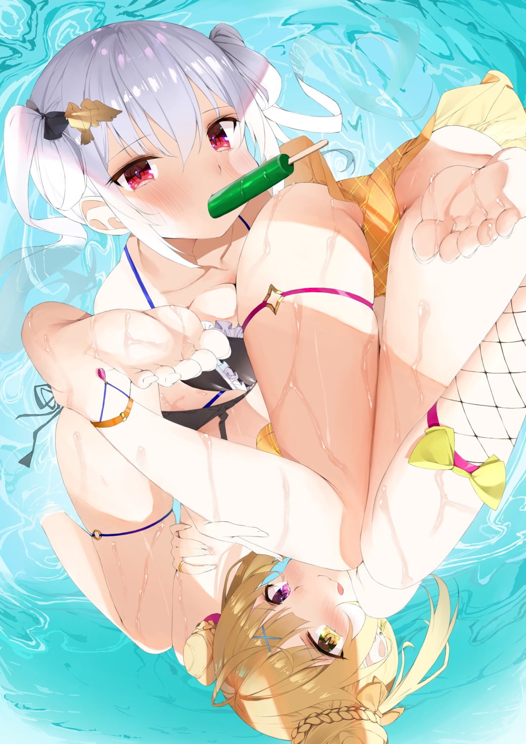 bikini feet fishnets g_uhrabbit garter hakase_fuyuki heterochromia hoshikawa_sara nijisanji swimsuits wet