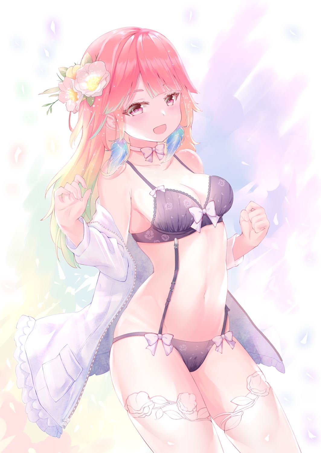 bra haruki_3679 hololive hololive_english open_shirt pantsu takanashi_kiara thighhighs