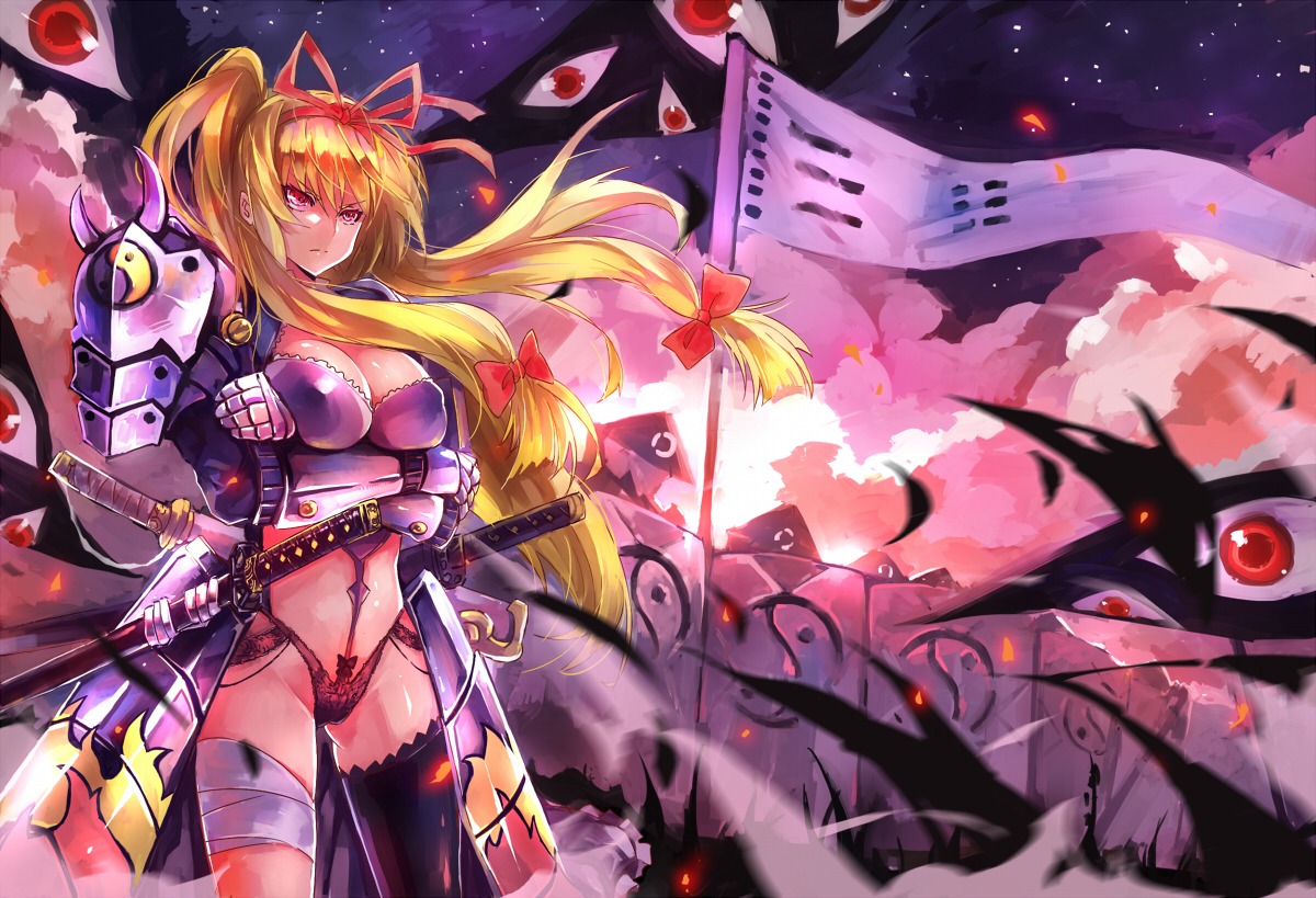 armor bandages breast_hold cleavage erect_nipples pantsu sword touhou yakumo_yukari zhuxiao517