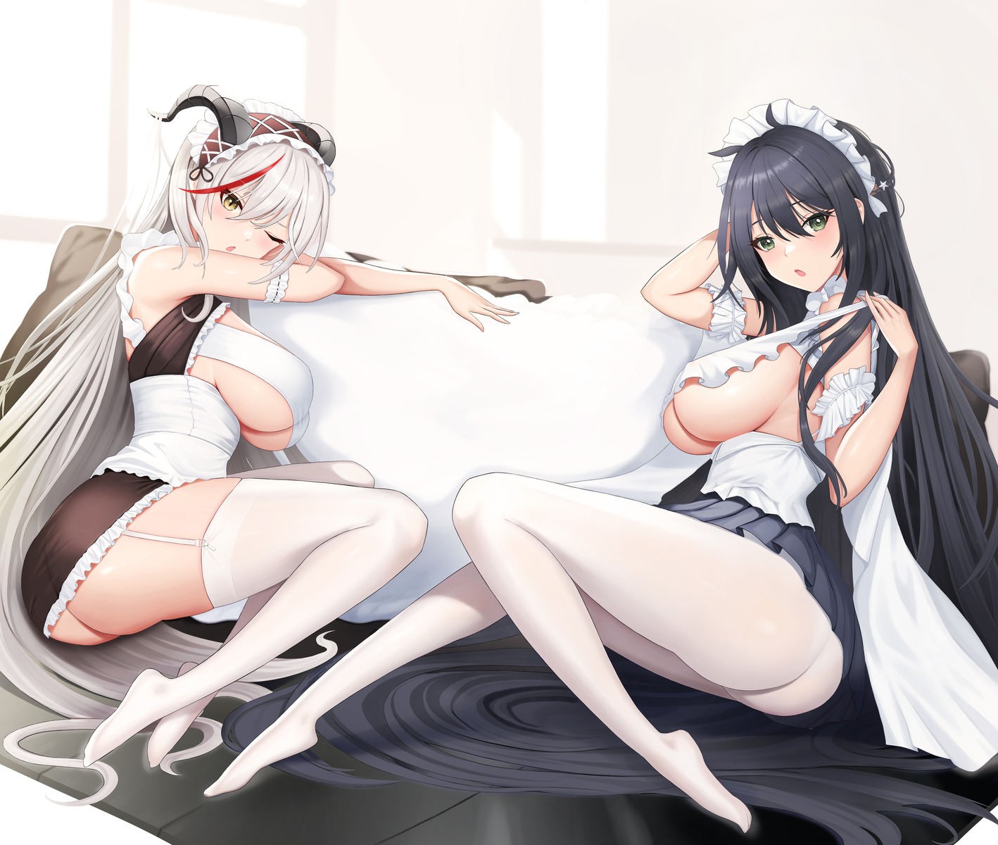 aegir_(azur_lane) ass azur_lane horns indomitable_(azur_lane) maid no_bra nopan pantyhose rakuri_(rwrn5475) skirt_lift stockings thighhighs underboob