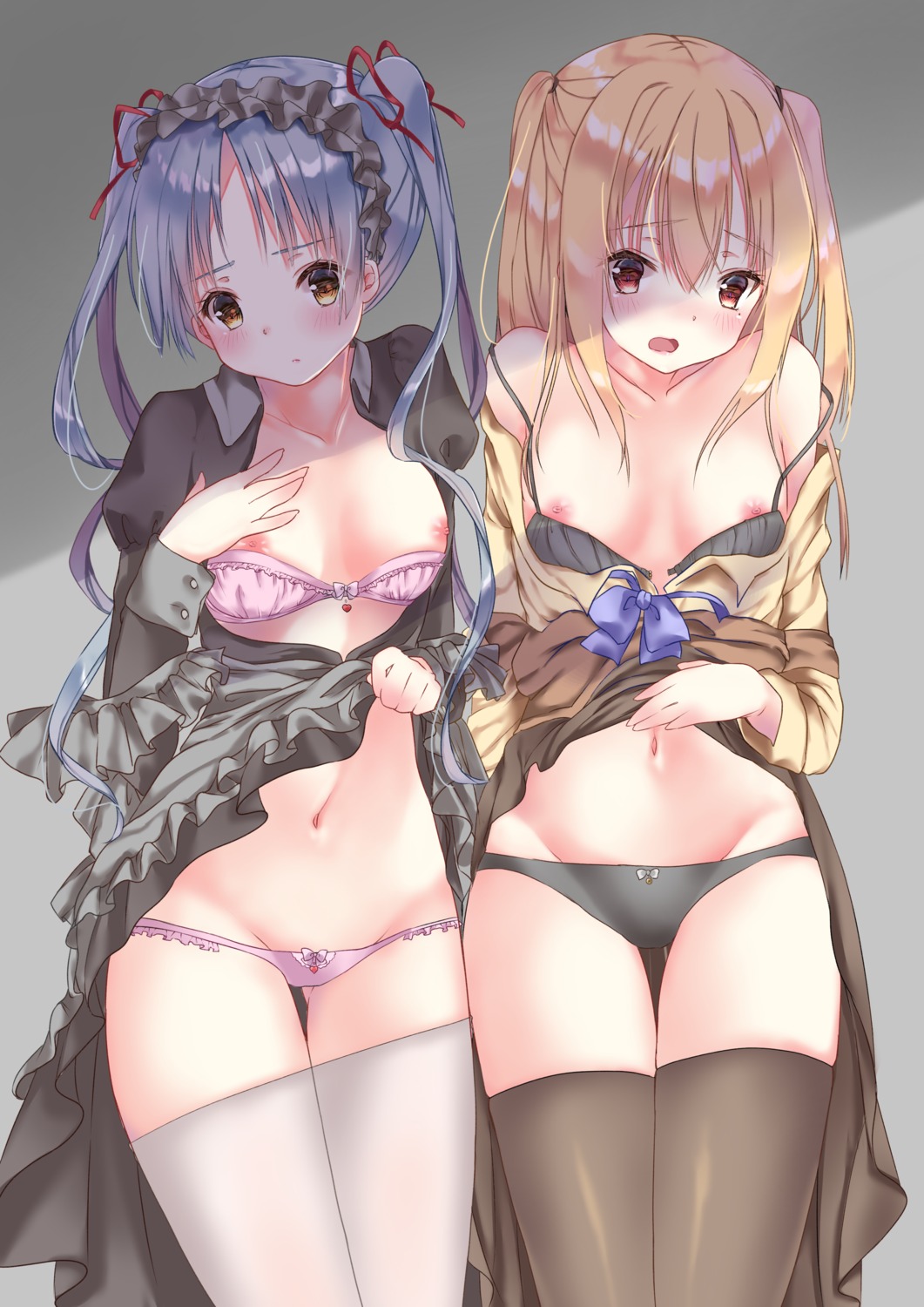 bra loli nipples open_shirt pantsu skirt_lift thighhighs yukine416