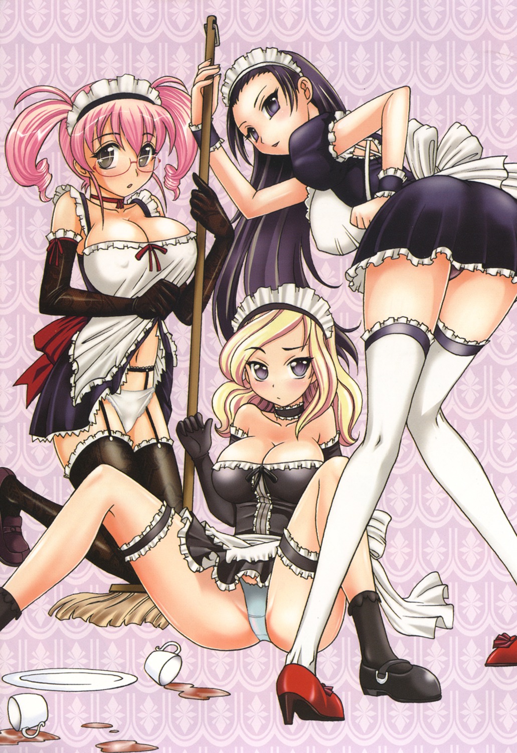 cleavage erect_nipples garter garter_belt maid megane no_bra pantsu stockings takaoka_motofumi thighhighs