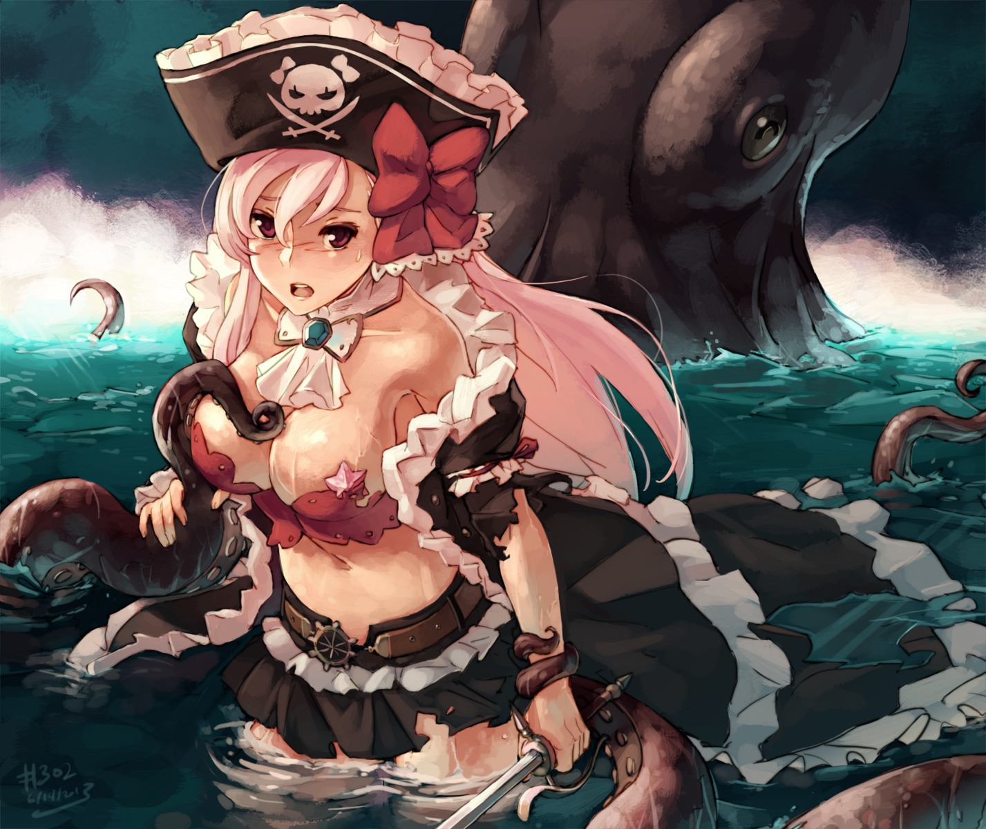 bra breast_grab captain_liliana cleavage junkpuyo open_shirt pirate queen's_blade sword tentacles torn_clothes wet