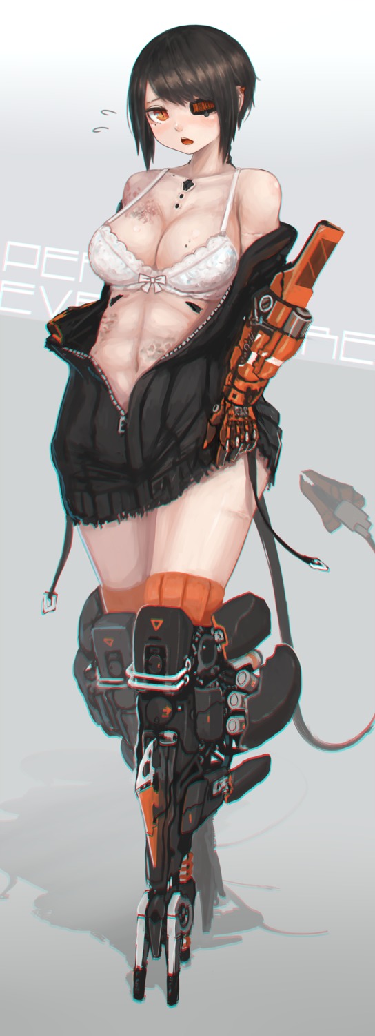 bra cleavage mecha_musume mihato_senba open_shirt stockings sweater tail thighhighs