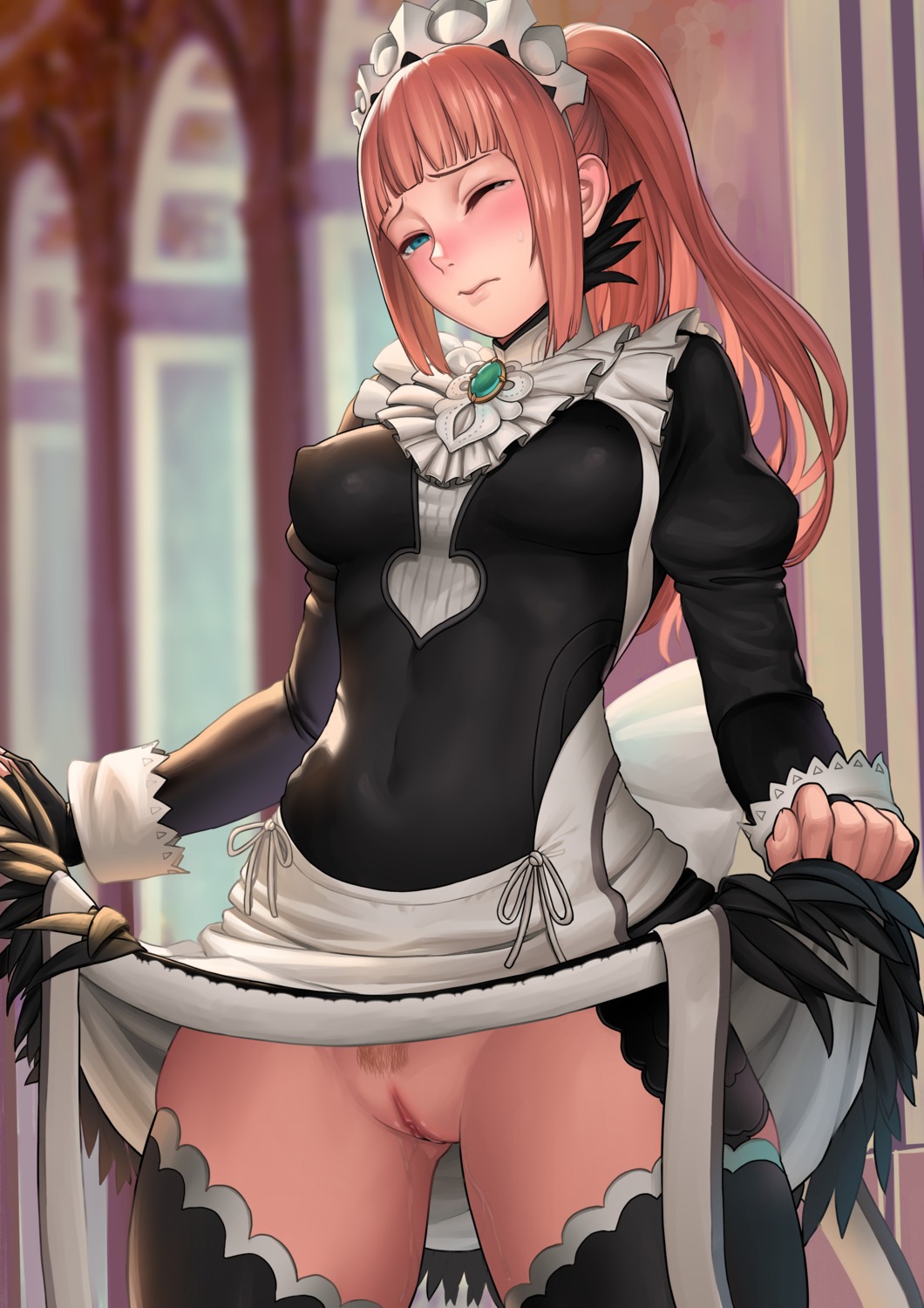 erect_nipples felicia_(fire_emblem) fire_emblem fire_emblem_if lasterk maid nopan pubic_hair pussy pussy_juice skirt_lift thighhighs uncensored