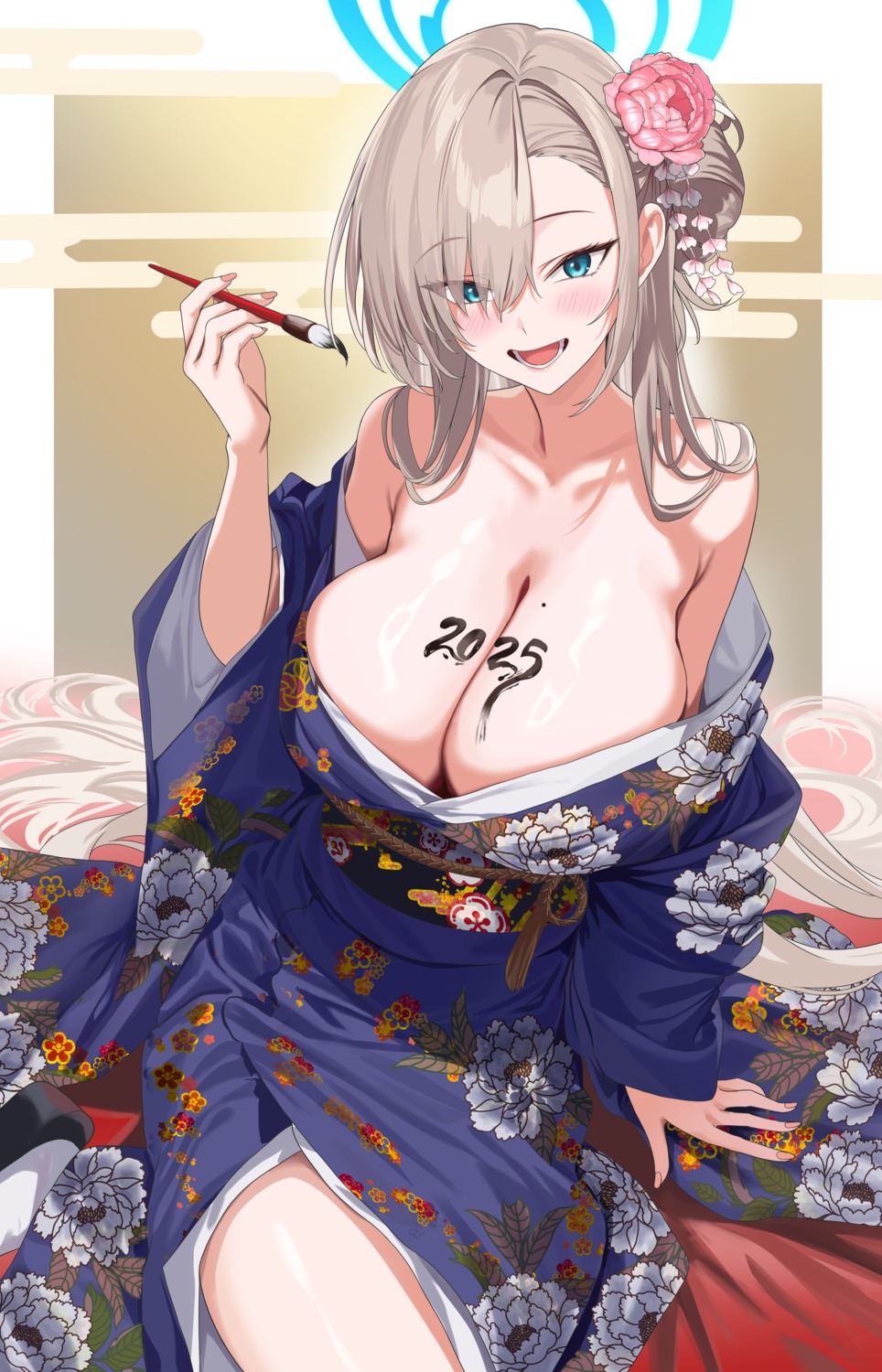 blue_archive halo hidis0086 ichinose_asuna kimono no_bra open_shirt