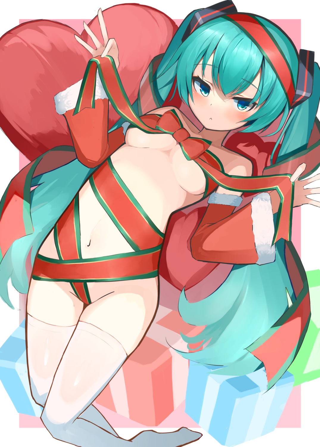 christmas hatsune_miku naked_ribbon onkyi thighhighs vocaloid