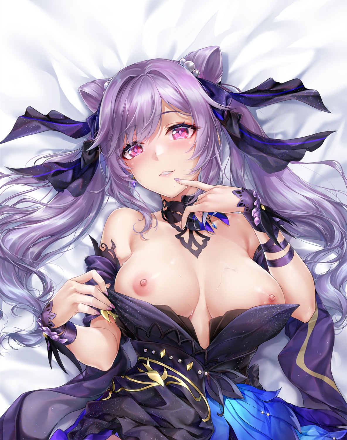 breasts dress genshin_impact keqing nipples no_bra open_shirt reien_fuukibu undressing