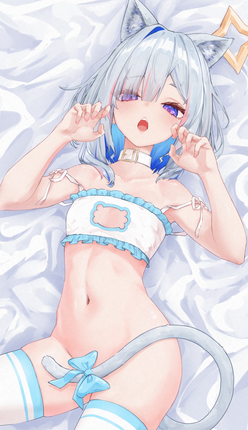 amane_kanata animal_ears bottomless bra halo hololive loli nekomimi shhhh7 tail thighhighs