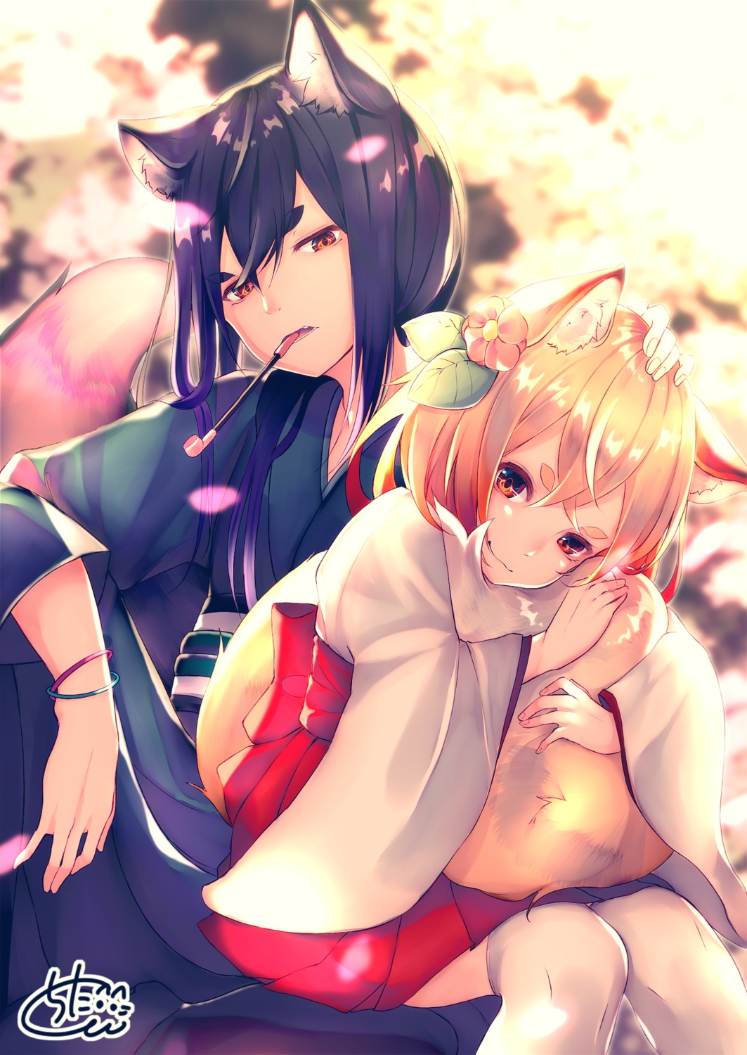 animal_ears chita_(ketchup) japanese_clothes smoking tail thighhighs