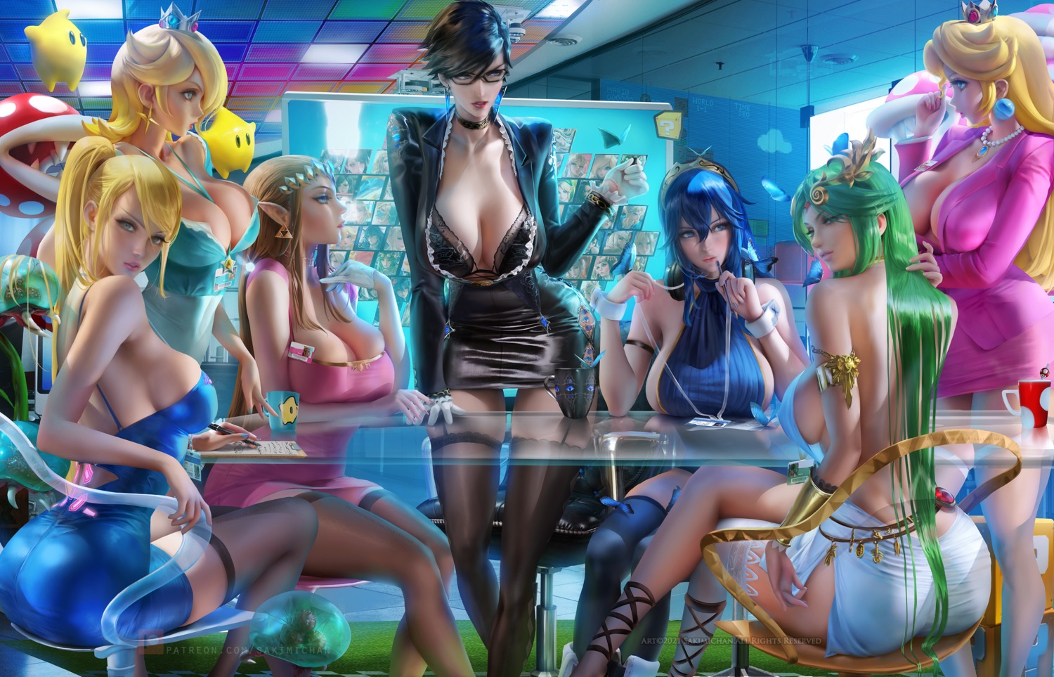 ass bayonetta bayonetta_(character) bra crossover dress fire_emblem kid_icarus lucina_(fire_emblem) mario_bros. megane metroid no_bra open_shirt palutena pointy_ears princess_peach_toadstool princess_zelda rosalina sakimichan samus_aran stockings the_legend_of_zelda thighhighs