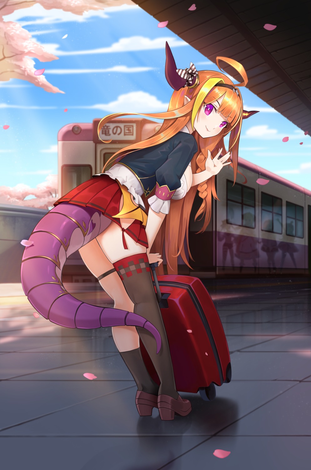 garter heels hololive horns johnson_zhuang kiryuu_coco pointy_ears skirt_lift tail thighhighs