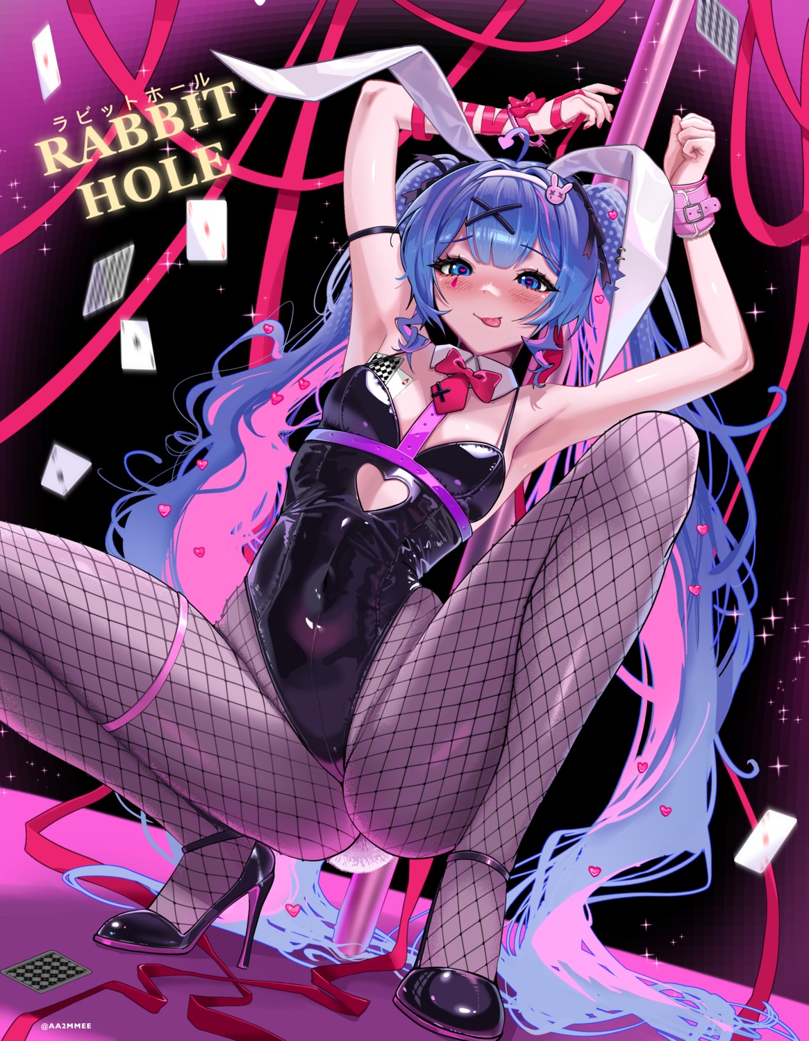 aa2mee animal_ears bondage bunny_ears bunny_girl fishnets garter hatsune_miku heels no_bra pantyhose rabbit_hole_(vocaloid) tail tattoo vocaloid