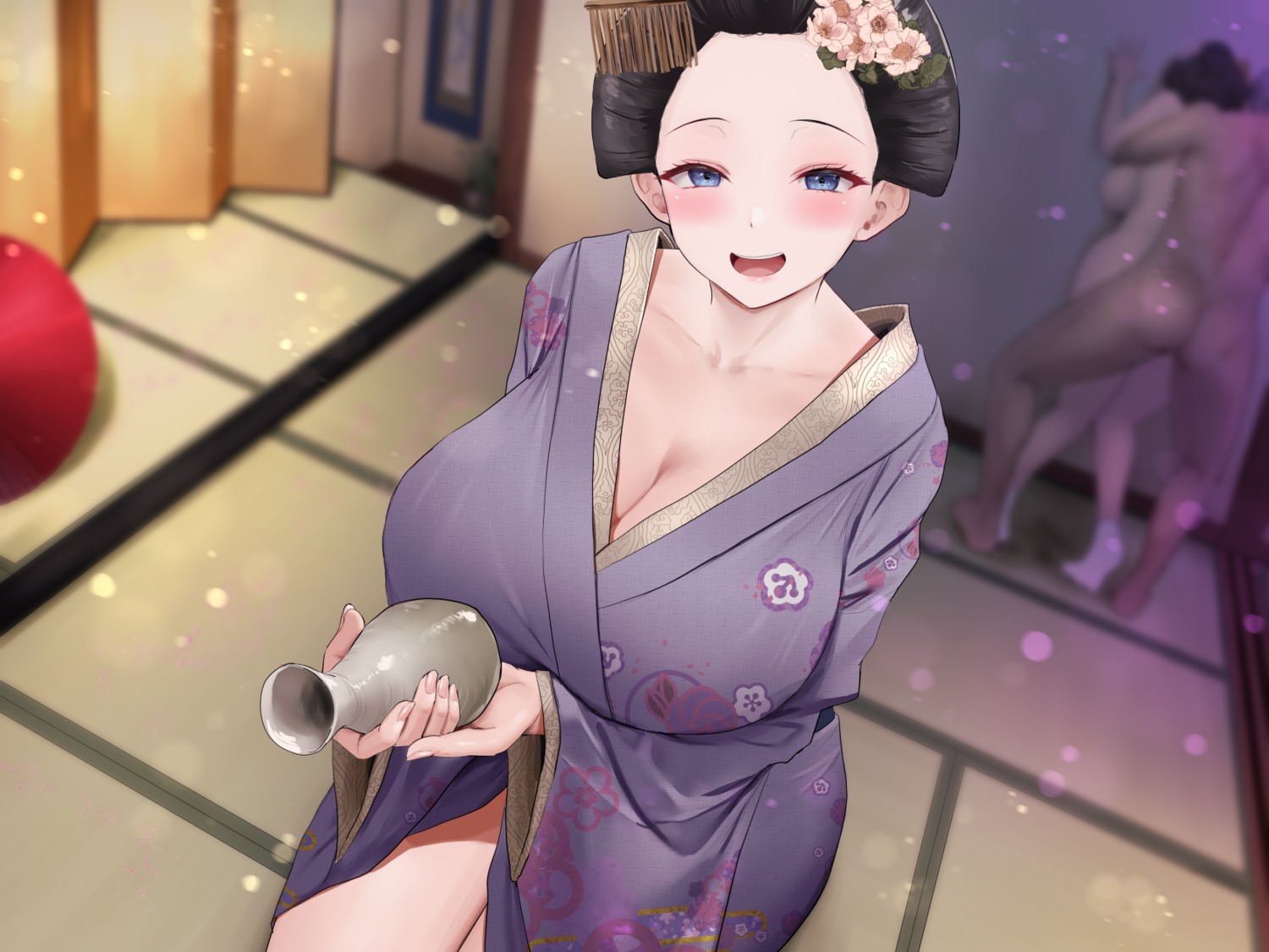 ass cleavage kimono naked oekakizuki open_shirt sake sex