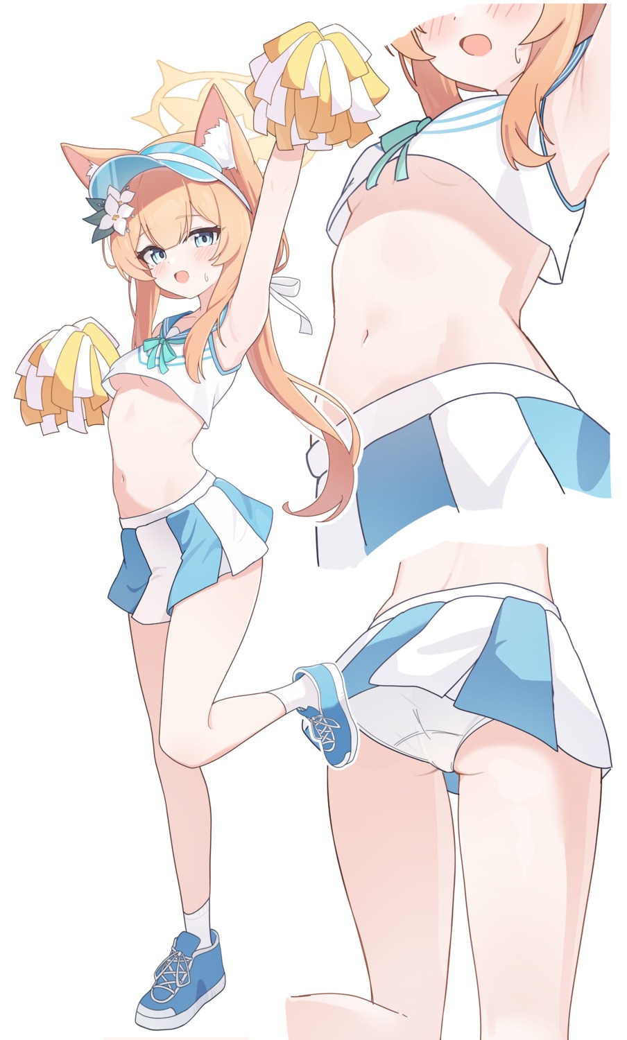 animal_ears blue_archive cheerleader halo iochi_mari loli nekomimi no_bra nonddu pantsu skirt_lift