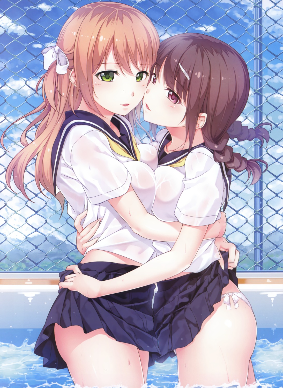 chobipero pantsu see_through seifuku string_panties symmetrical_docking wet_clothes yuri